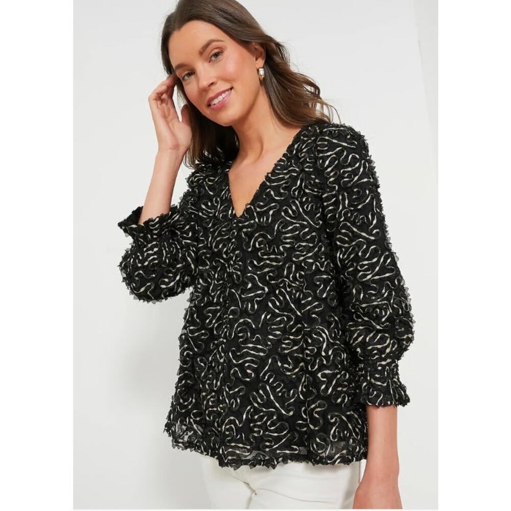 NWT Tuckernuck Nightly Organza Easton Festive Metallic Blouse Black Gold Medium